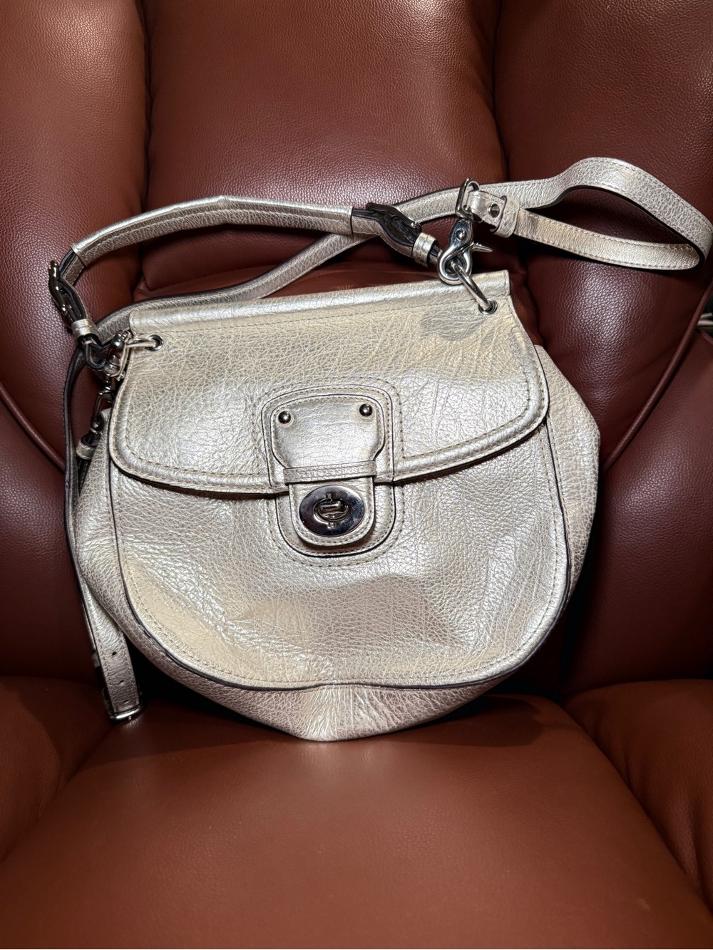 Coach 18132 Metallic Gold Leather Turnlock Crossbody Bag